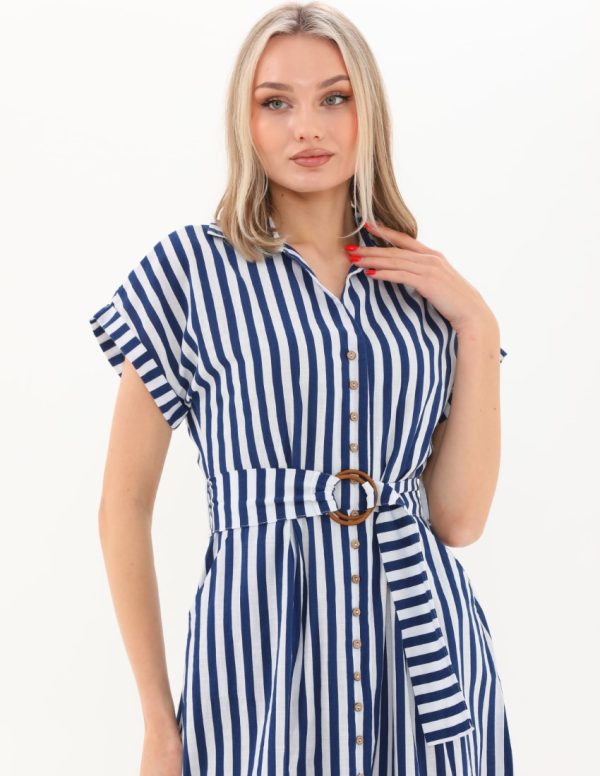 Beli Kemerli Düğmeli Uzun Elbise