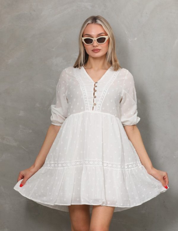 Puantiye Vual Dantel Detaylı Kısa Elbise